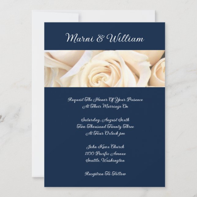 Navy Blue Ivory Rose Hochzeit Einladung (Vorderseite)