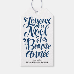 Navy Blue Joyeux Noël und Bonne Année Calligraphy Geschenkanhänger