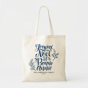 Navy Blue Joyeux Noël und Bonne Année Modernes Scr Tragetasche