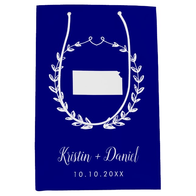 Navy Blue Kansas Map Wedding Welcome Swag Mittlere Geschenktüte (Vorderseite)