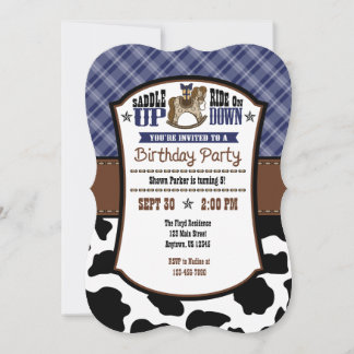 Navy Blue Kariert Cowhide Cowboy Birthday Einladun Einladung
