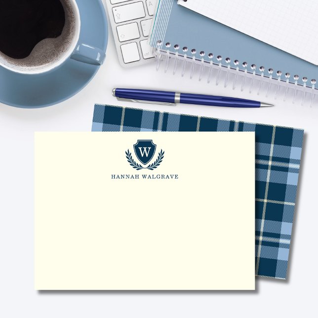 Navy Blue Kariert Monogram Correspondence Mitteilungskarte (Von Creator hochgeladen)