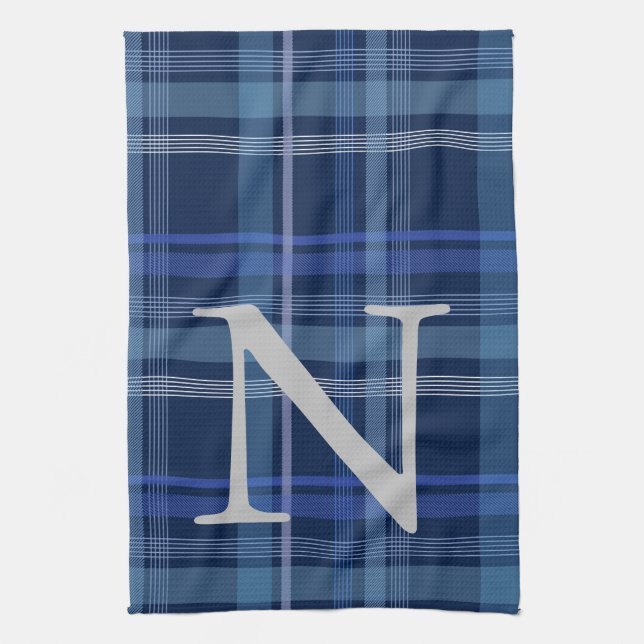Navy Blue Kariert Tartan Niedlich Retro Monogram Geschirrtuch (Vertikal)
