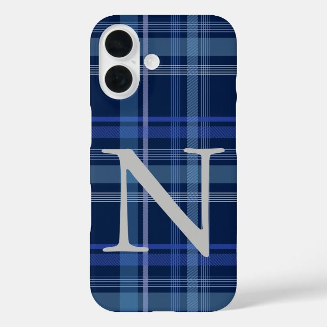 Navy Blue Kariert Tartan Niedlich Retro Monogram iPhone 16 Hülle (Rückseite)