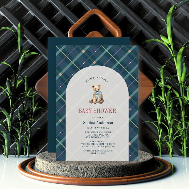 Navy Blue Kariert Teddy Bärenjunge Babydusche Einladung (Von Creator hochgeladen)