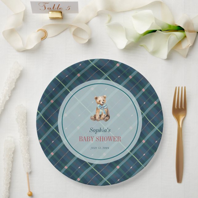 Navy Blue Kariert Teddy Bärenjunge Babydusche Pappteller (Hochzeit)
