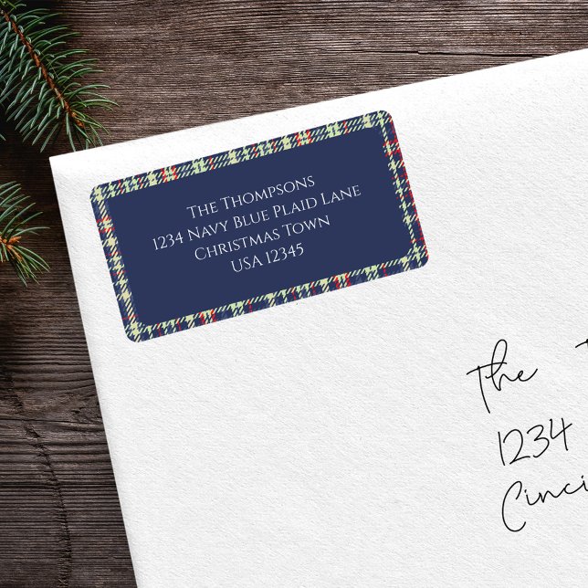 Navy Blue Kariert Weihnachten Rücksendeadresse Adressaufkleber (Simple Navy blue, red, and green plaid pattern return address label. )