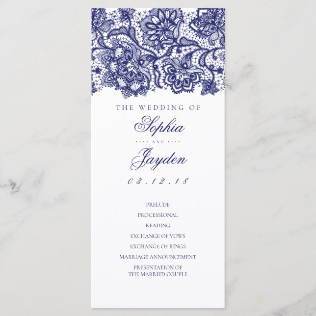 Navy Blue Lace Élégant White Wedding Programmes (Devant)