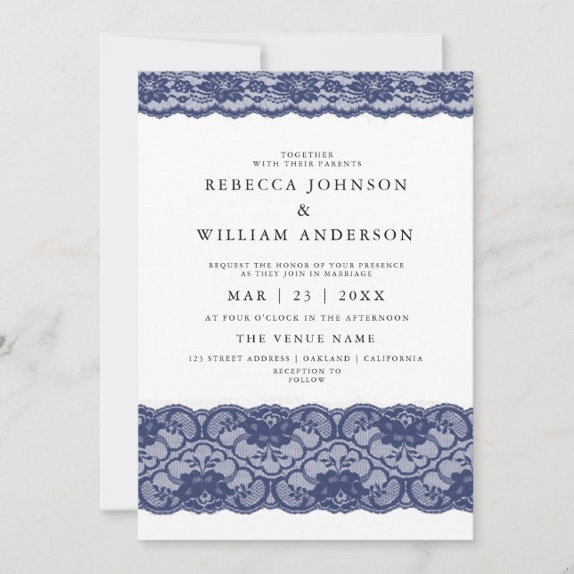 Navy Blue Lace Elegante Moderne Hochzeitseinladung Einladung (Vorderseite)