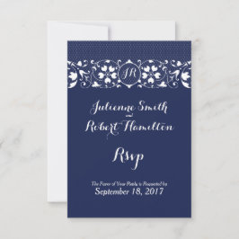 Navy Blue Lace Monogram Wedding RSVP Karte