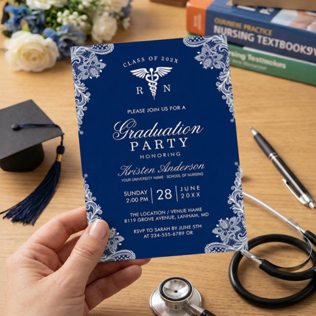 Navy Blue Lace Nursing School Graduation Party Einladung (Von Creator hochgeladen)
