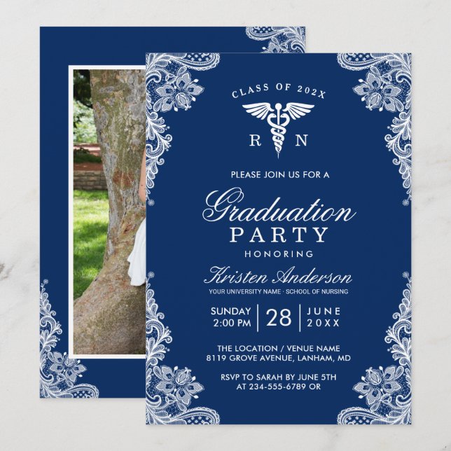 Navy Blue Lace Nursing School Graduation Party Einladung (Vorne/Hinten)