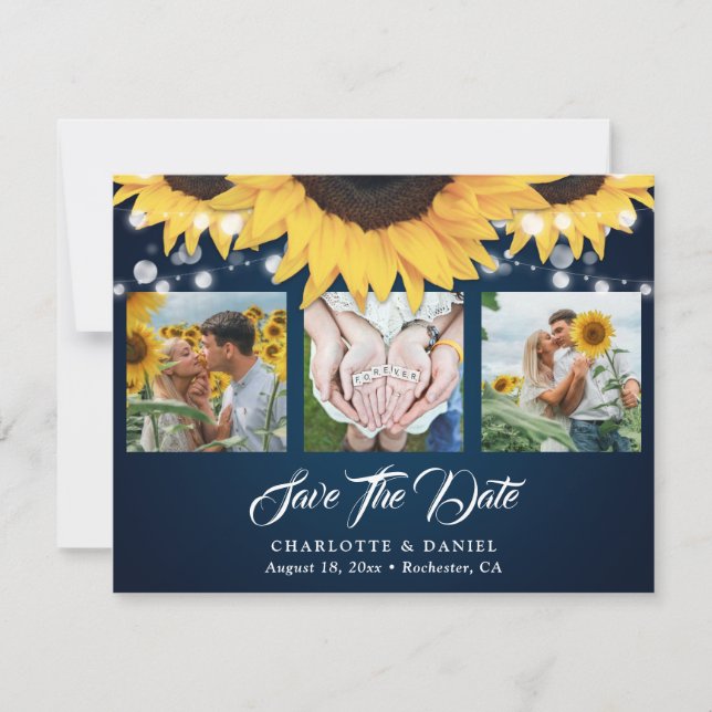 Navy Blue Lace Sunflower 3 Foto Save the Date (Vorderseite)