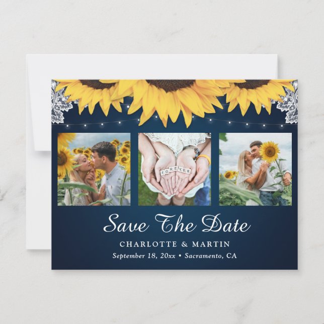 Navy Blue Lace Sunflower 3 Foto Save the Date (Vorderseite)