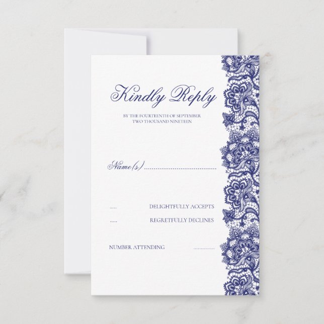Navy Blue Lace Wedding RSVP Karte (Vorderseite)