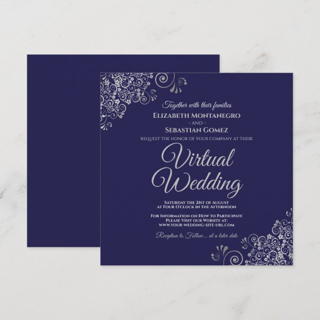 Navy Blue & Lacy Silver Elegant Virtual Wedding Einladung (Vorne/Hinten)