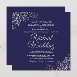 Navy Blue & Lacy Silver Elegant Virtual Wedding Einladung