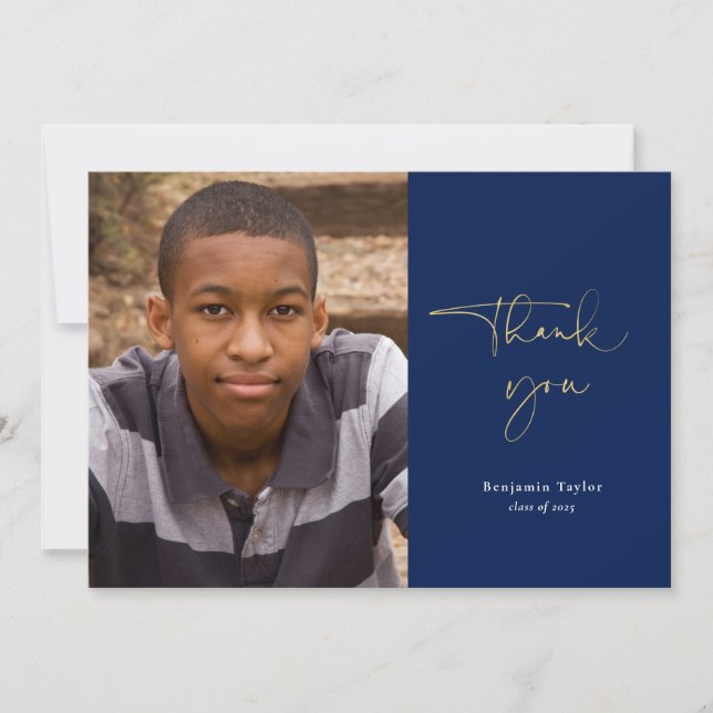 Navy Blue Lässig Script Foto Abschluss Vielen Dank Dankeskarte (Vorderseite)