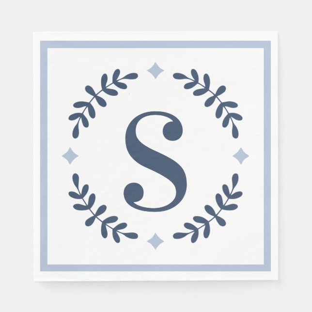 Navy Blue Laurel Wreath Monogram Serviette (Vorderseite)