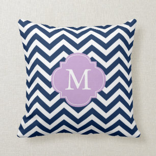 Navy Blue & Lavender Zigzags Muster Monogramm Kissen