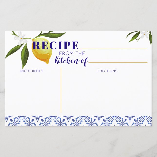 Navy Blue & Lemon Brautparty Rezept Karte (Vorderseite)