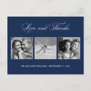 Navy Blue Liebe und Dank Hochzeit 3-Foto-Vorlage Postkarte