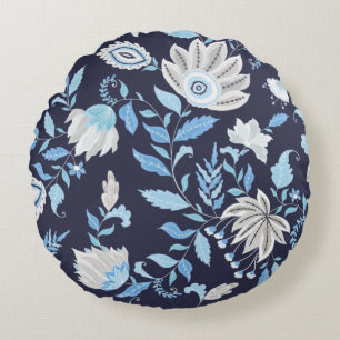 Navy Blue & Light Blue Mandala Print Round Pillow Rundes Kissen