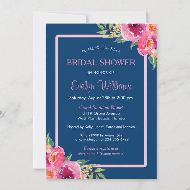 Navy Blue Lila Pink Floral Classy Brautparty Einladung (Vorderseite)