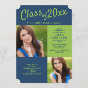 Navy Blue Lime Green Grad Party Einladung