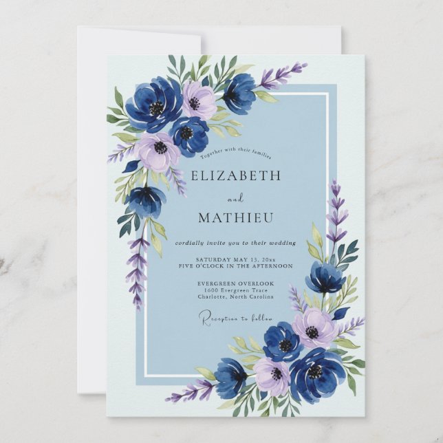 Navy Blue Lush Spring Wedding Einladung (Vorderseite)