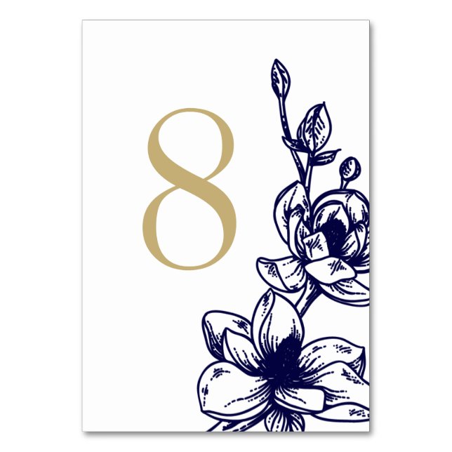 Navy Blue Magnolia Blume Hochzeit Tischnummer (Vorderseite)