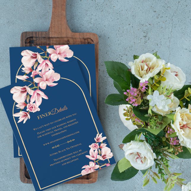 Navy Blue Magnolia Floral Wedding Details Begleitkarte (Navy Blue Magnolia Floral Wedding Details Enclosure Card)