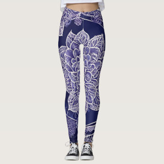 Navy blue mandala floral AI art  Leggings