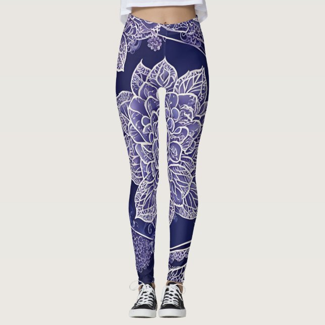 Navy blue mandala floral AI art  Leggings (Vorderseite)