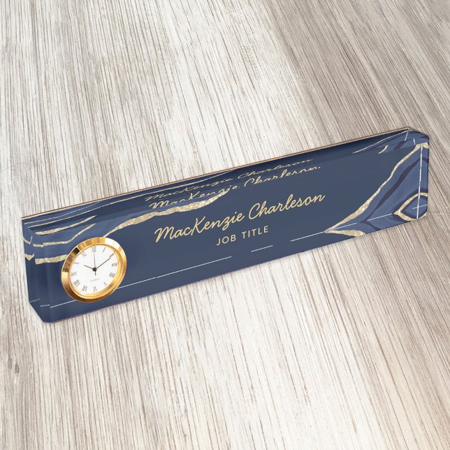 Navy Blue Marble Agate Gold Glitzer Beruflich Namensplakette (Blue and gold agate geode modern script business name plate with custom text)