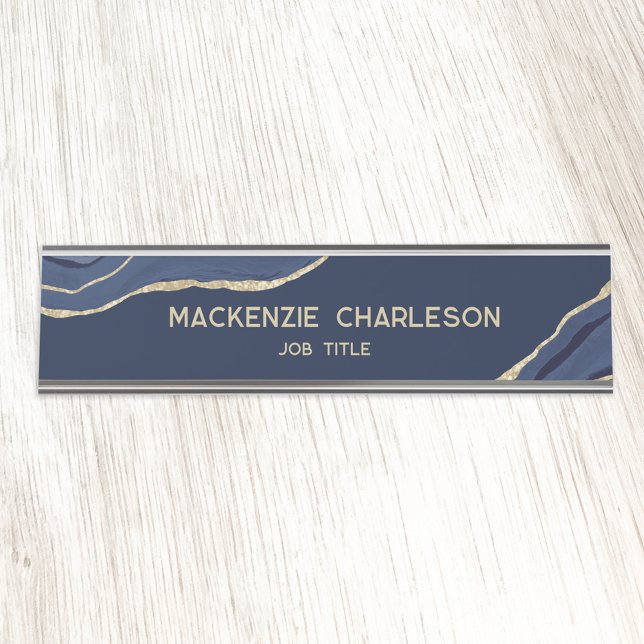 Navy Blue Marble Agate Gold Glitzer Beruflich Schreibtischnamensplakette (Navy blue agate marble gold professional elegant business name plate)