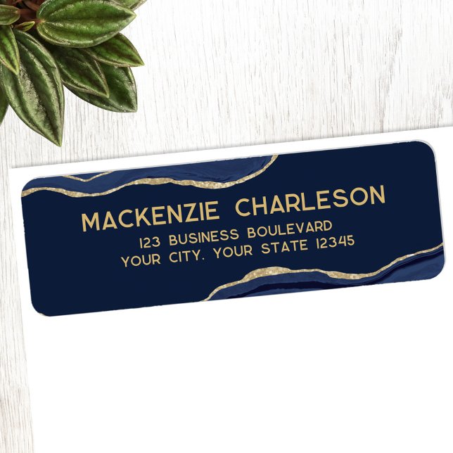 Navy Blue Marble Agate Gold Glitzer Rücksendeadres (Navy blue agate marble geode with gold detail personalized return address label)