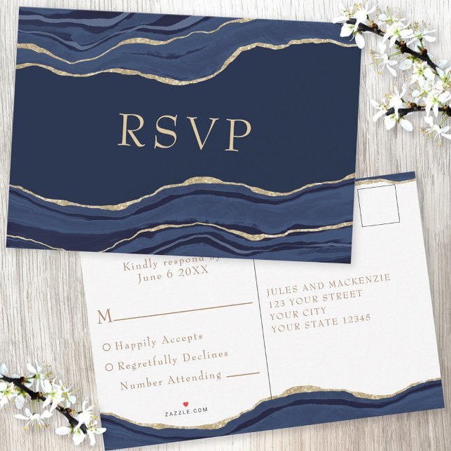 Navy Blue Marble Agate Gold Glitzer Wedding RSVP (Von Creator hochgeladen)
