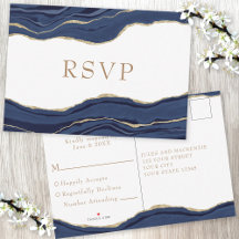 Navy Blue Marble Agate Gold Glitzer Wedding RSVP
