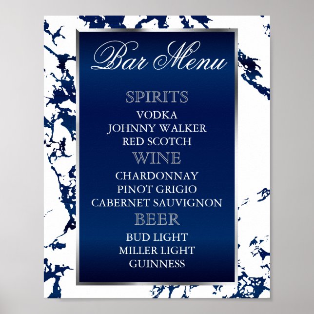 Navy Blue Marble, Silber & Weiß - Bar-Speisekarte Poster (Vorne)
