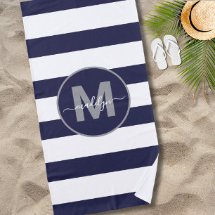 Navy-Blue-Maritim gestreifter Namensmonogramm Strandtuch