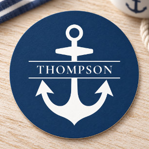Navy-Blue-Maritimes-Ankermonogramm Runder Pappuntersetzer