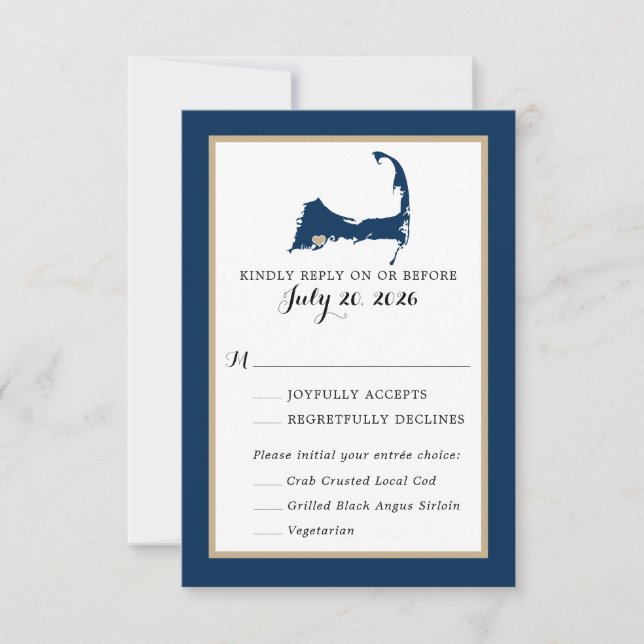 Navy Blue Mashpee Cape Cod Map Wedding RSVP Menü Karte (Vorderseite)
