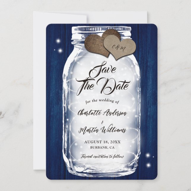 Navy Blue Mason Jar String Lights Wood Wedding Save The Date (Vorderseite)