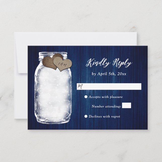 Navy Blue Mason Jar Wood Lights Wedding RSVP Card (Vorderseite)