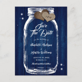 Navy Blue Mason Jar Wood Wedding speichern das Dat Ankündigungspostkarte