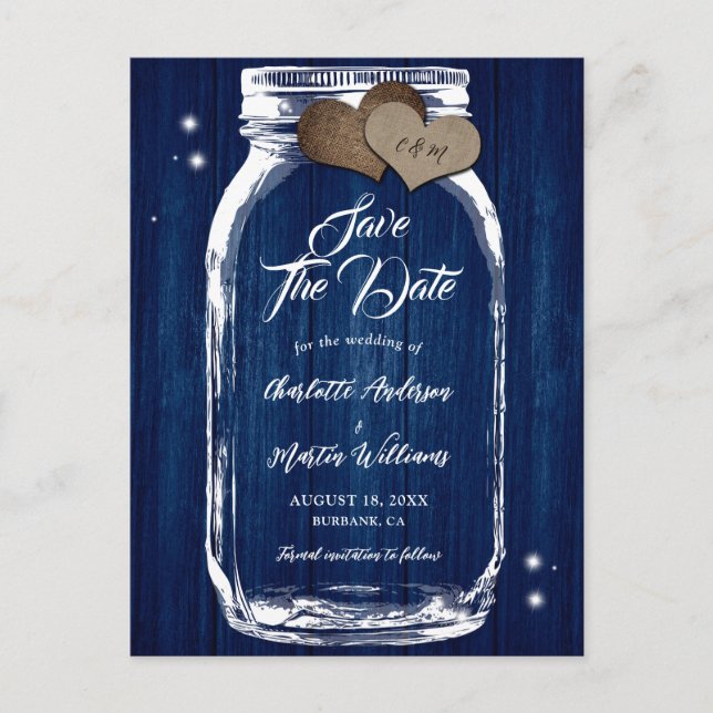 Navy Blue Mason Jar Wood Wedding speichern das Dat Ankündigungspostkarte (Vorderseite)