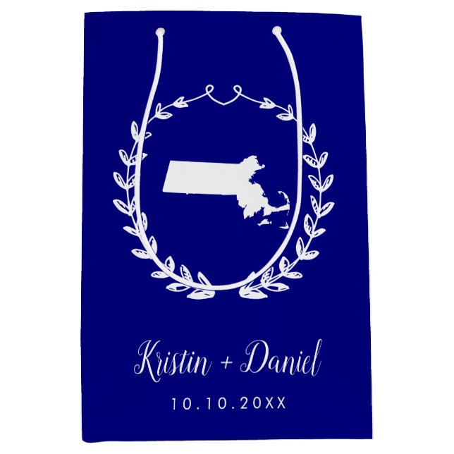 Navy Blue Massachusetts Map Wedding Welcome Swag Mittlere Geschenktüte (Vorderseite)