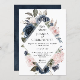 Navy Blue Mauve Blush Rose Boho Geometric Wedding Einladung