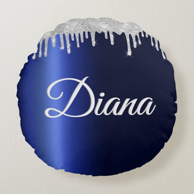 Navy Blue Metallic Silver Sparkle Personalisiert Rundes Kissen (Vorderseite)